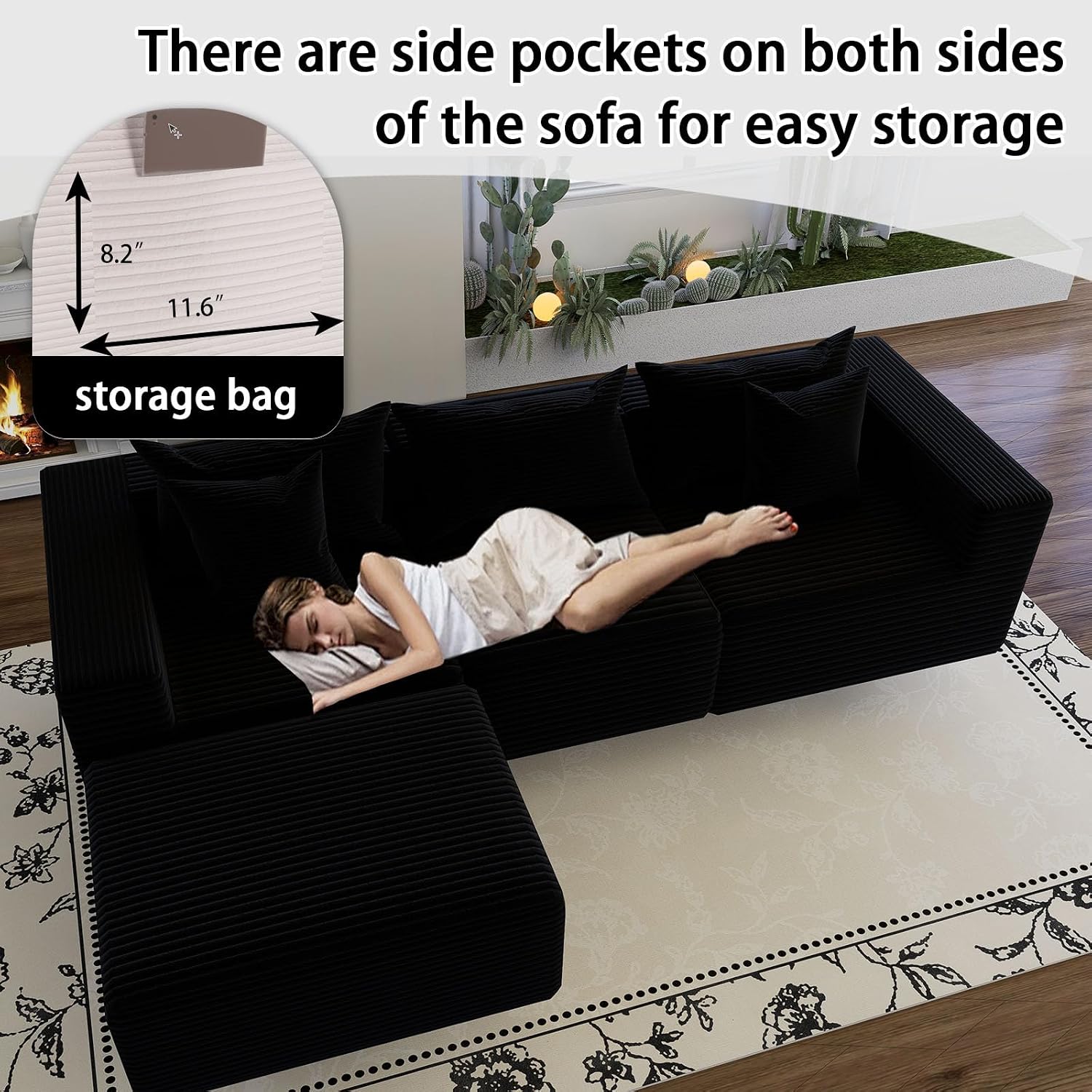 Oversized Cloud Couch Ottoman, Frameless Wide-Wale Corduroy Footrest for Living Room, High-Density All-Foam Large Rectangle Boneless Ottoman Coffee Table for Sectional Sofa (Black, Ottoman)