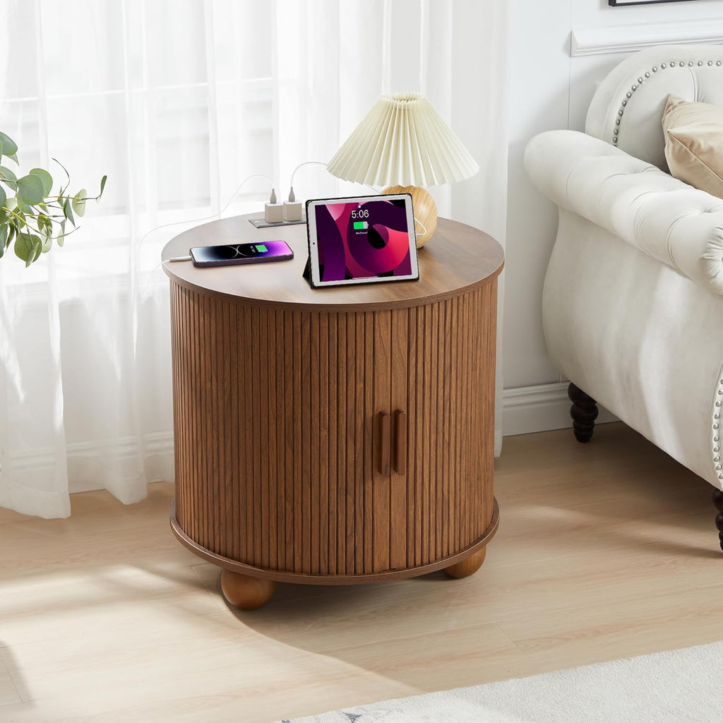 24" End Table with Charging Station, Farmhouse Round Fluted Wood Night Stand, Mid-Century Large Side Table with Storage & Sliding Door for Living Room, Bedroom (Round, Walnut)