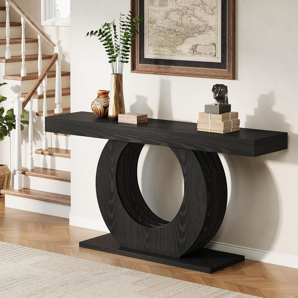 Tribesigns 63-Inch Console Sofa Table, Rustic Industrial Farmhouse Entryway Table, Narrow Long Couch Console Behind Sofa with Black Circle Base for Living Room Hallway, Black