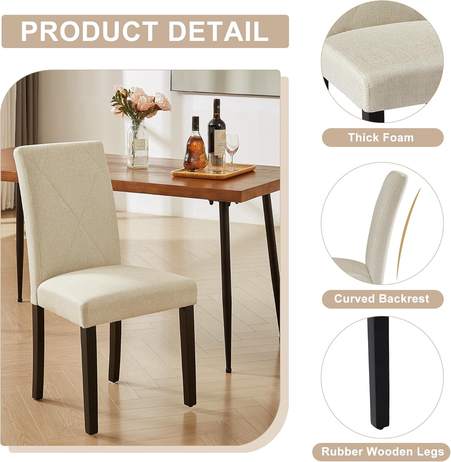 VECELO Upholstered Dining Chairs Set of 6, Modern Fabric and Solid Wood Legs & High Back for Kitchen/Living Room- Beige