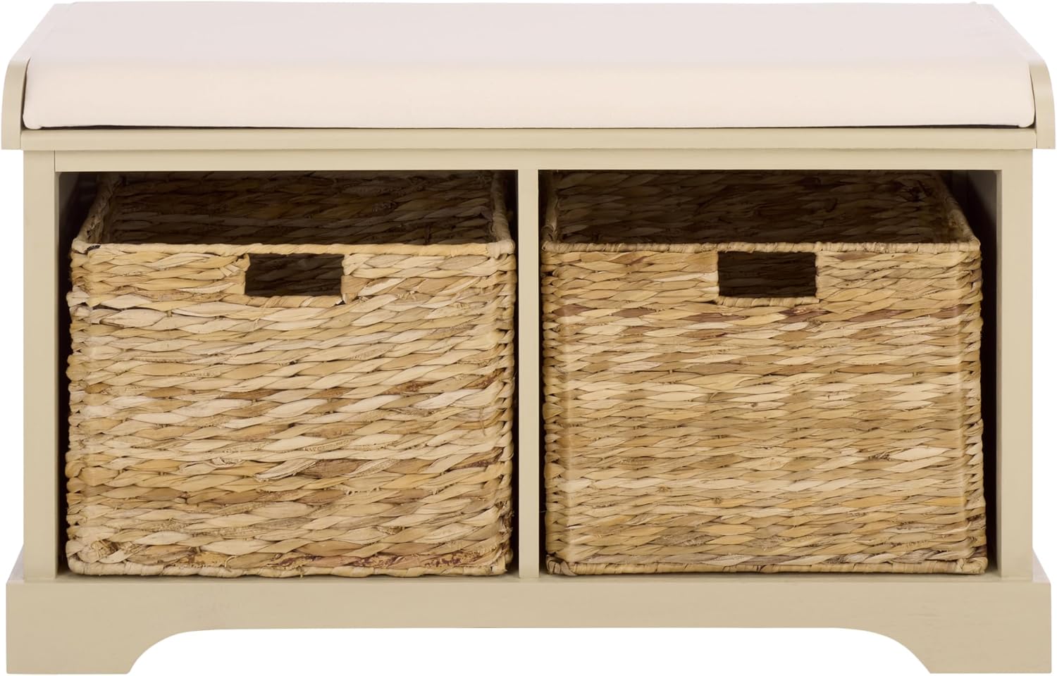 SAFAVIEH Furniture - Freddy 2-Basket Storage Bench - Sand - Solid Wood - Coastal Basket Storage Design - Ideal for Entryway, Living Room, Hallway, 18" Seat Height - Fully Assembled (AMH5736J)