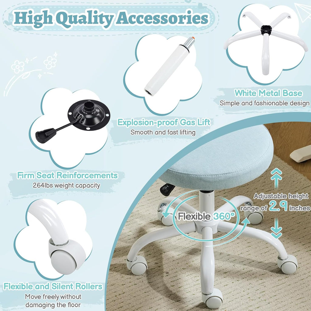 VINGLI Small Vanity Chair with Wheels for Girls.Cute Modern Adjustable Height Armless Office Desk Chair.360°Swivel Comfy Rolling Chair for Study, Make up Room,Small Space,Linen Light Blue