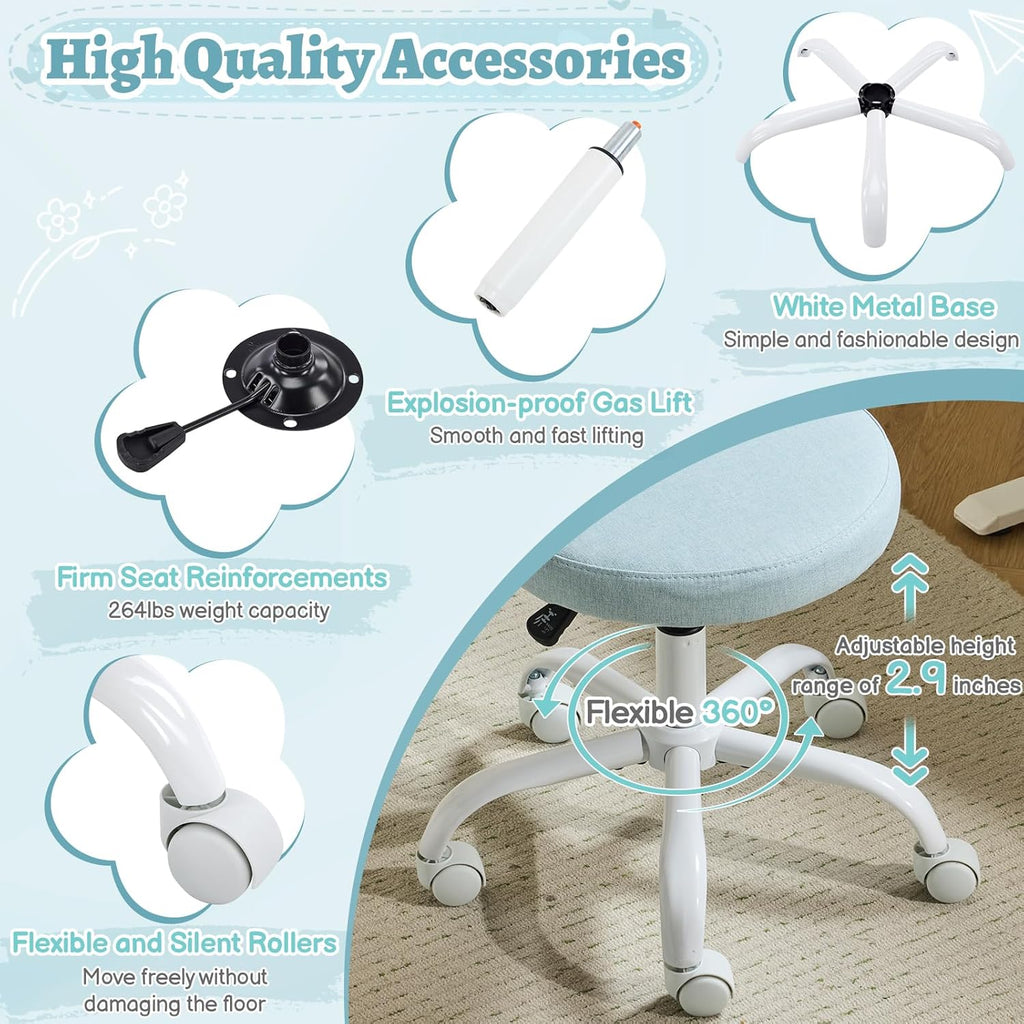 VINGLI Small Vanity Chair with Wheels for Girls.Cute Modern Adjustable Height Armless Office Desk Chair.360°Swivel Comfy Rolling Chair for Study, Make up Room,Small Space,Linen Light Blue