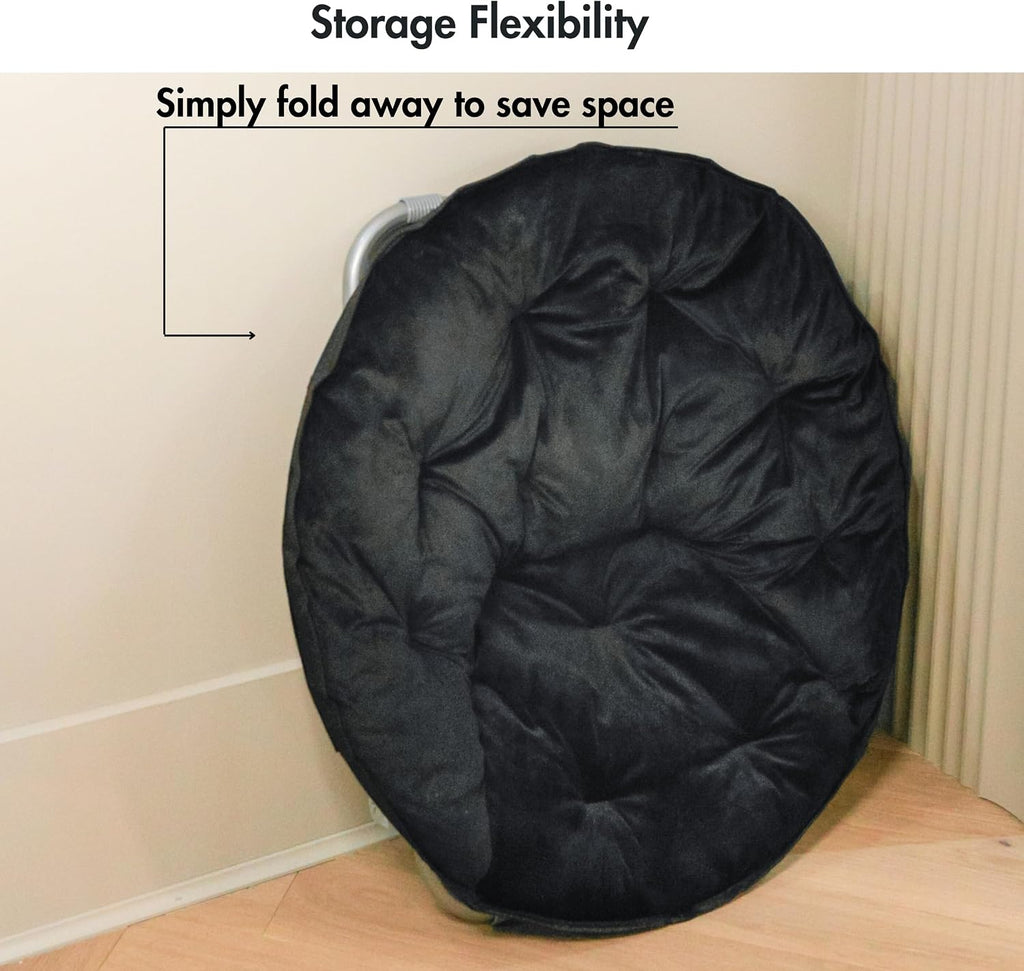 Comfy Faux Fur Saucer Chair for Adults, Foldable Moon Chair with Metal Frame, Soft Padded Lounge Chair for Bedroom, Dorm & Gaming, Large Cozy Circle Chair for Teens & Adults (Black)