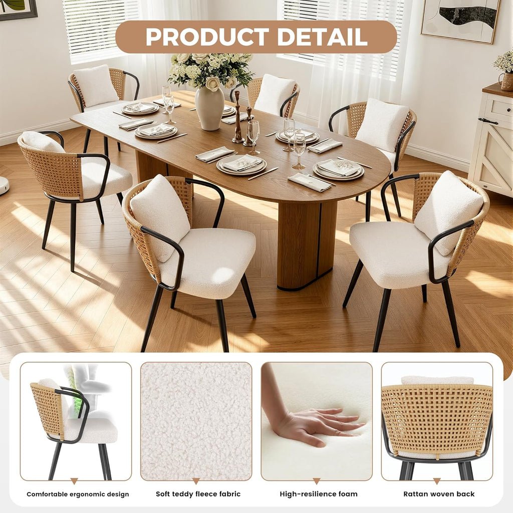 Rattan Dining Chairs Set of 4, Modern Upholstered Kitchen Chair with Metal Legs, Ergonomic Curved Backrest, Mid Century Living Room Chairs with Throw Pillow, Natural