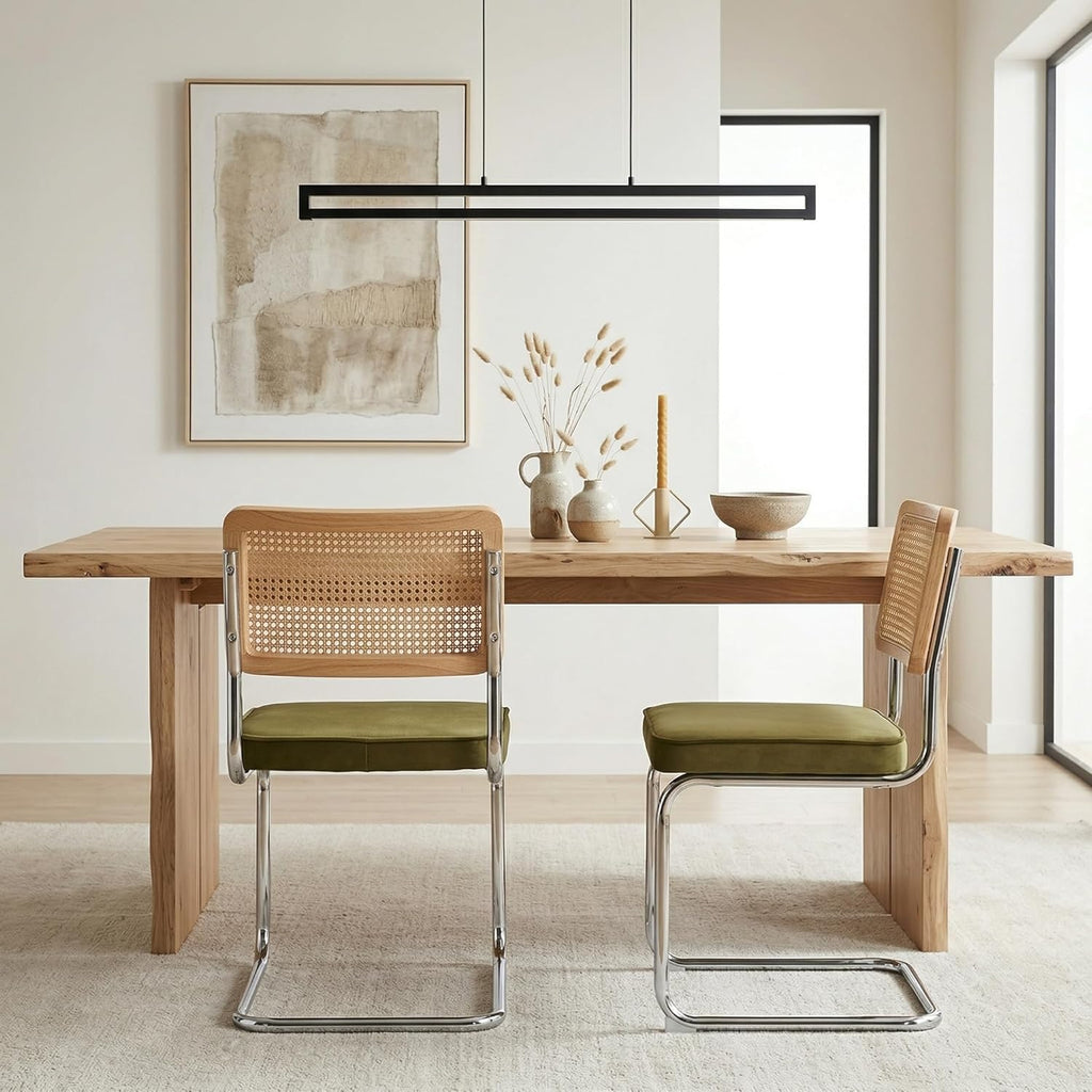 Mid Century Modern Dining Chairs Set of 2, Rattan Dining Chairs with Cane Back and Upholstered Seat, Chrome Cantilever Metal Frame, Kitchen & Dining Room Chairs, Sillas de Comedor (Green)