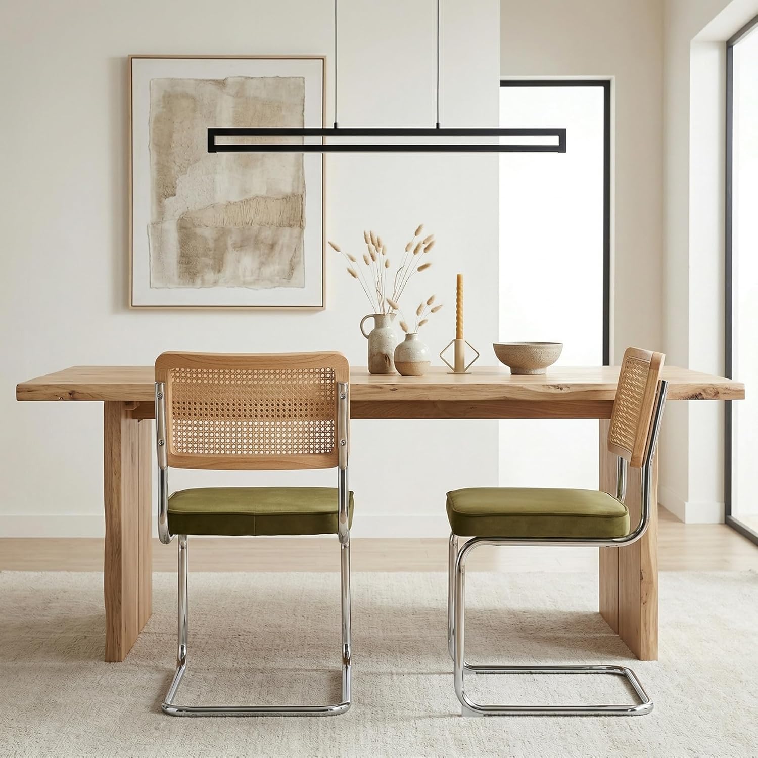 Mid Century Modern Dining Chairs Set of 2, Rattan Dining Chairs with Cane Back and Upholstered Seat, Chrome Cantilever Metal Frame, Kitchen & Dining Room Chairs, Sillas de Comedor (Green)