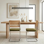 Mid Century Modern Dining Chairs Set of 2, Rattan Dining Chairs with Cane Back and Upholstered Seat, Chrome Cantilever Metal Frame, Kitchen & Dining Room Chairs, Sillas de Comedor (Green)