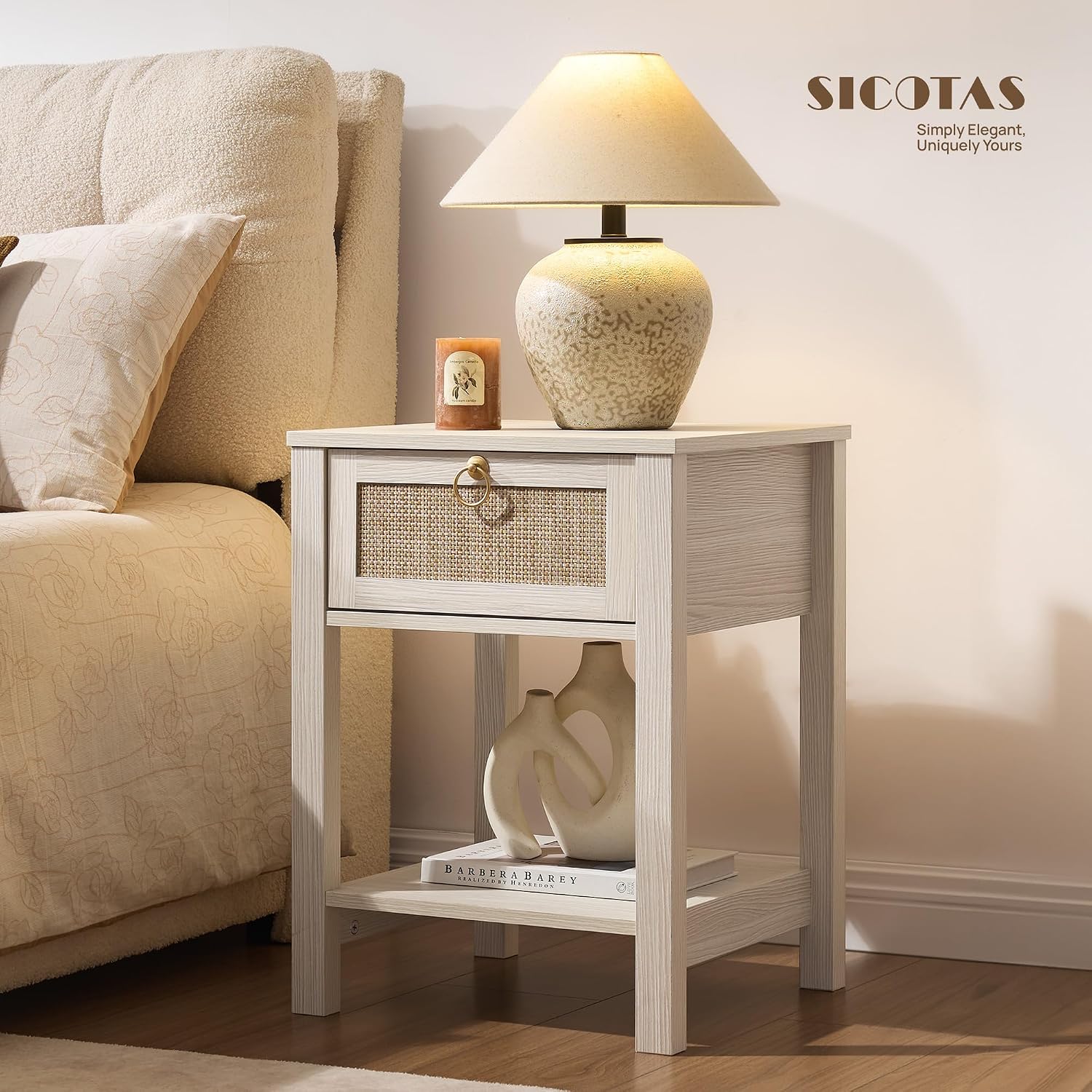 SICOTAS White Rattan Nightstand Set of 2 with Storage Shelf, Bedside Tables | Night Stand Set of 2 with Rattan Drawer, Boho End Tables with Storage for Bedroom, Guest Room, Apartment, and Small Spaces