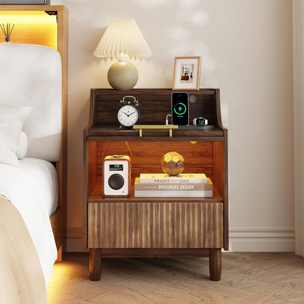 Einhomn Fluted Nightstand with Charging Station and Light, End Table with Drawer & Transparent Storage, Side Table for Bedroom, Narrow Bedside Table for Living Room Small Space, Walnut