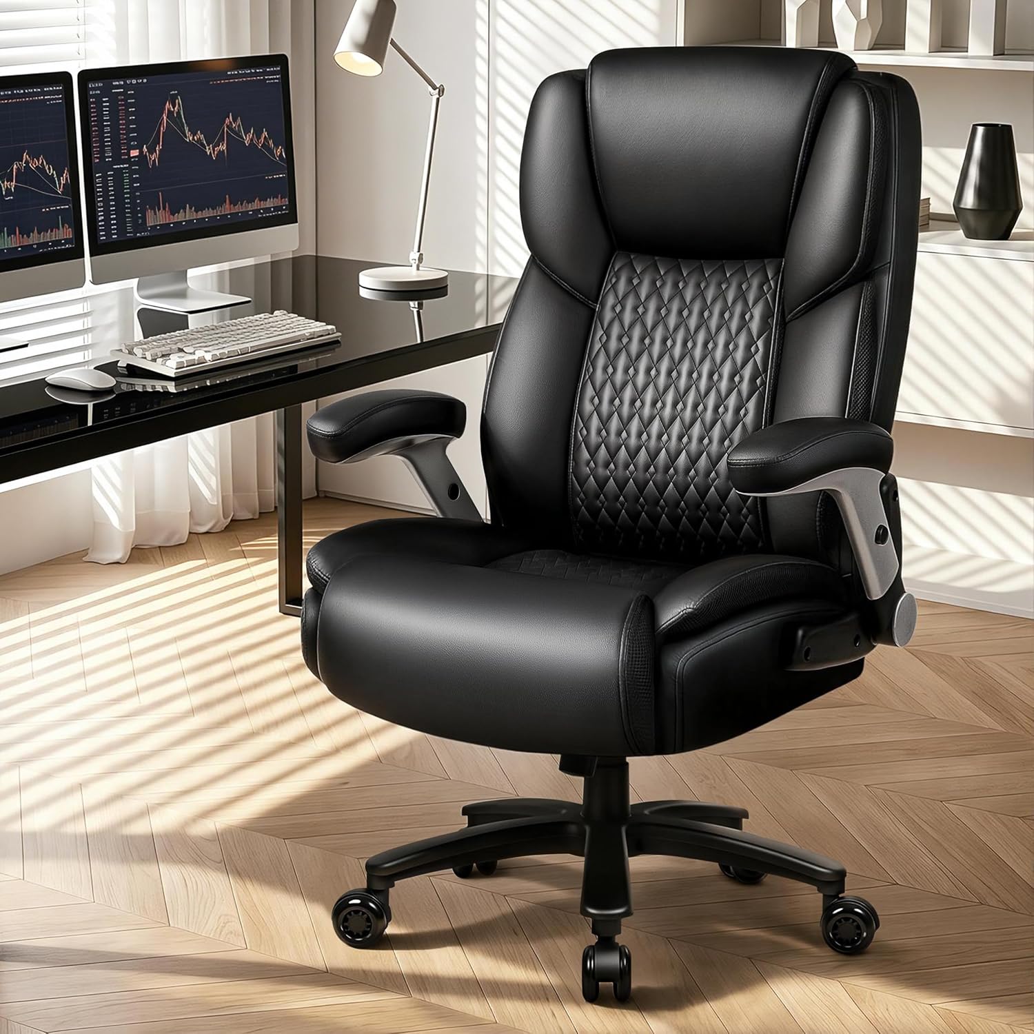 Big and Tall Office Chair 600LBS, Heavy Duty Office Chair for Heavy People, High Back Executive Office Leather Chair with Adjustable Armrests and Lumbar Support, Black Ergonomic Big Tall Chair