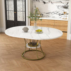 43"-59" Extendable Round Dining Table for 4-6, Modern Kitchen Table with Storage Shelf, Marble Veneer Top & Gold Metal Base Dining Room Table for Apartment