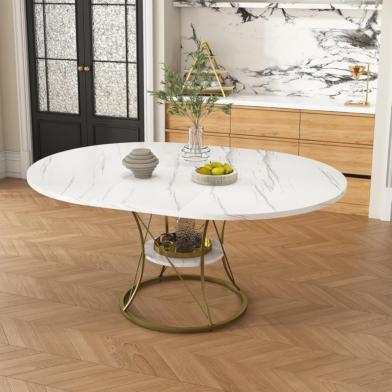 43"-59" Extendable Round Dining Table for 4-6, Modern Kitchen Table with Storage Shelf, Marble Veneer Top & Gold Metal Base Dining Room Table for Apartment