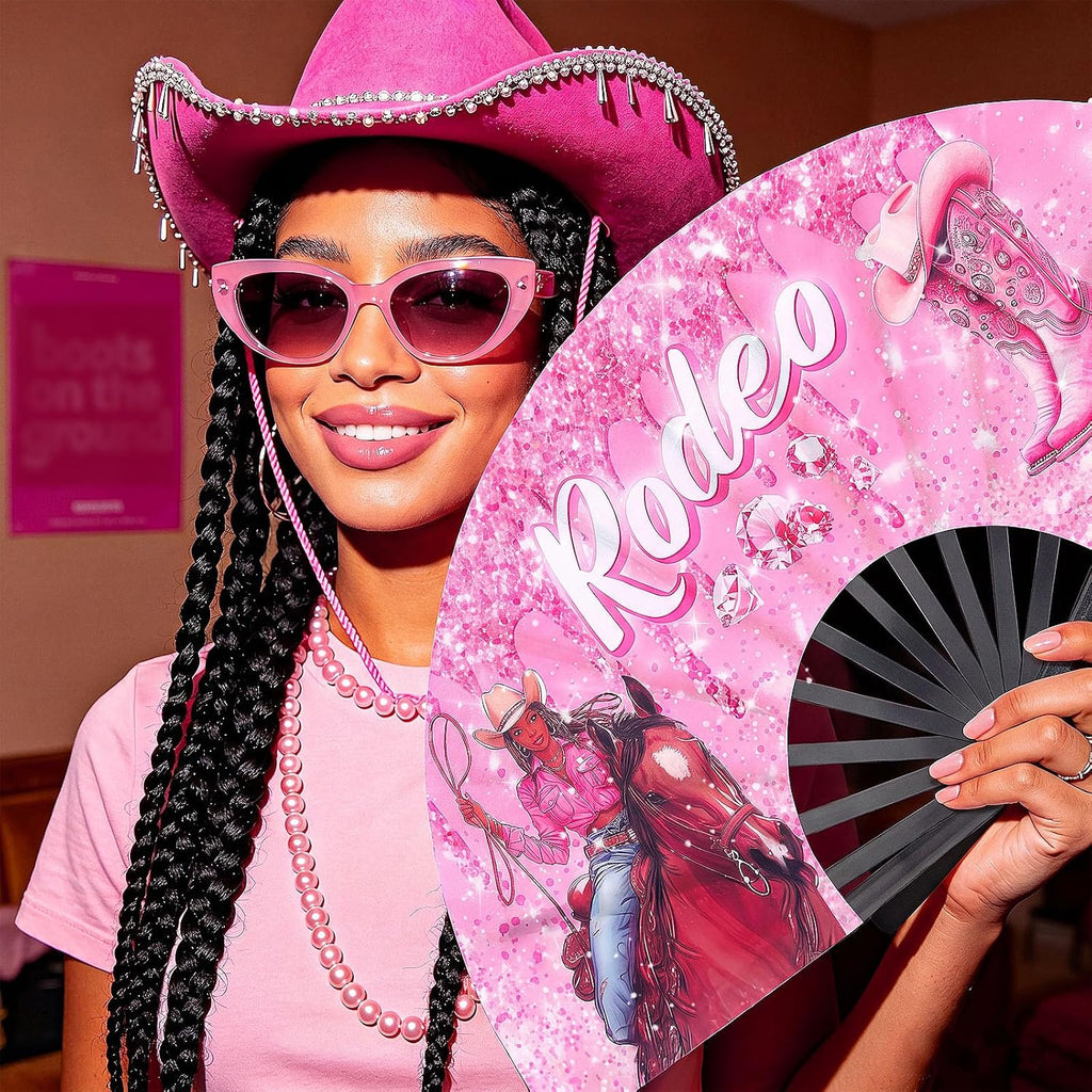 Blulu 13 Inch Line Dance Fan Rodeo Cowgirl Boots Fan Large Pink Glitter Popping Clapping Clacking Fans for Line Dancing Folding Rave Hand Fans for Dance, Party, Sports