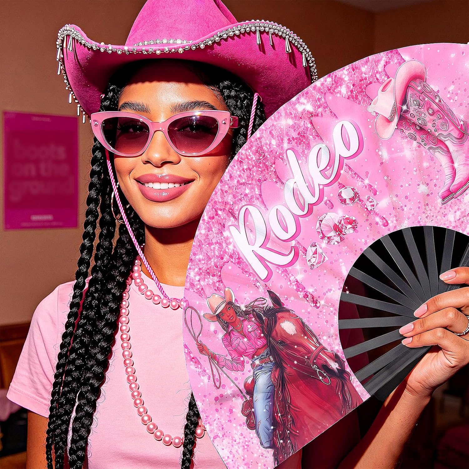 Blulu 13 Inch Line Dance Fan Rodeo Cowgirl Boots Fan Large Pink Glitter Popping Clapping Clacking Fans for Line Dancing Folding Rave Hand Fans for Dance, Party, Sports