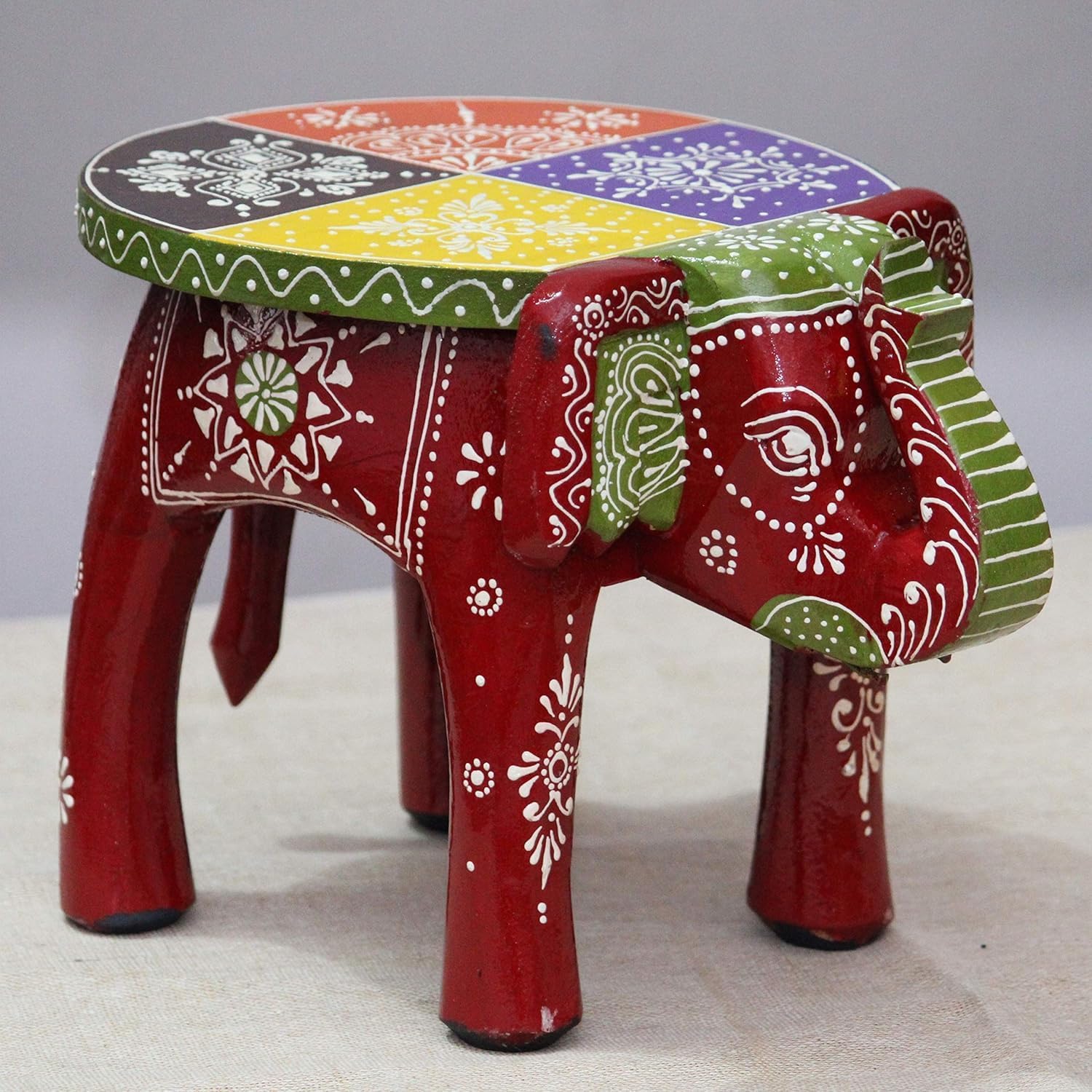 Handcrafted and Hand-Painted Colorful Wooden Elephant Decorative Showpiece Stool/Side Table for Home/Office/Living or Bedroom Decor (Maroon)