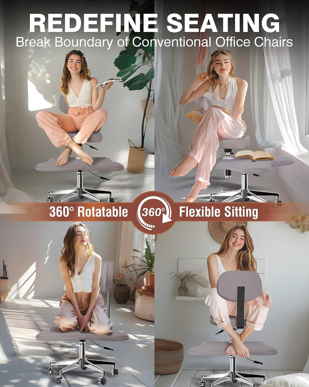 PYY ADHD Chairs for Adults - Meditation Cross Legged Office Chair with Wheels, Ergonomic Squatting Kneeling Fidget Chair with Lumber Back Support Adjustable Height for Home and Office Gray