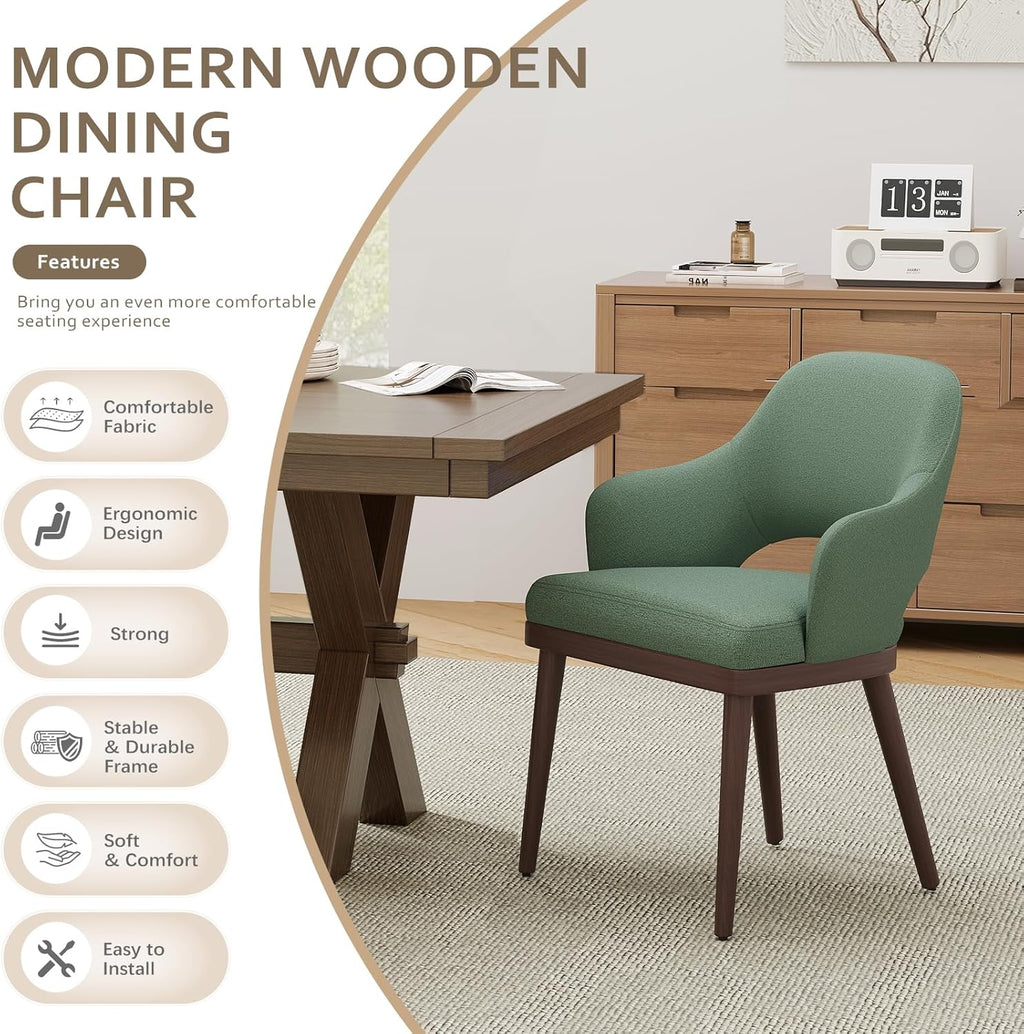 MALOL Wooden Dining Chairs Set of 2, Modern Fabric Upholstered Dining Room Chair, Kitchen Side Chairs, Farmhouse Dinner Chair with Open Back for Kitchen, Green