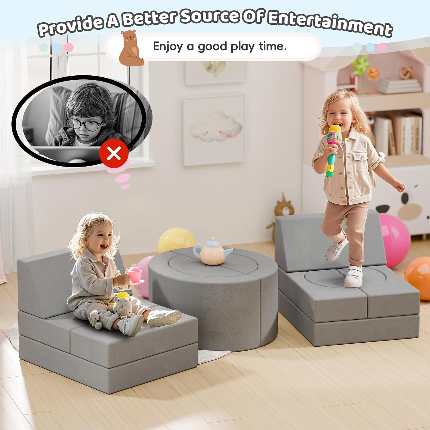 68 Inch Extra Large Modular Kids Play Couch, Toddler Foam Couch, 16Pcs Fort Pillows for Kids, Playroom Decor for Boys and Girls, Grey-Castle Wall
