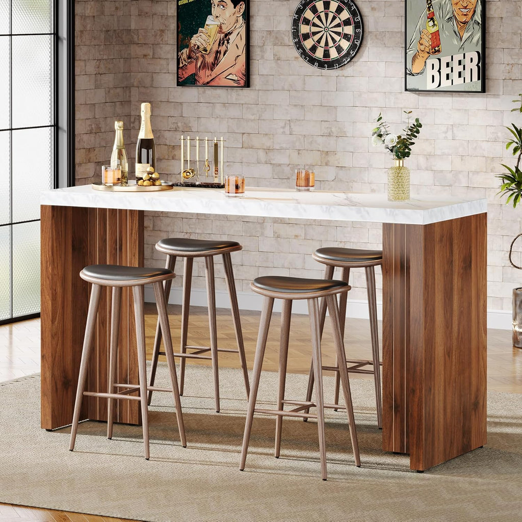 Tribesigns 55.12-Inch Bar Table, Modern Counter Height Pub Table with a Faux Marble Tabletop, Rectangular Home Coffee Bar Unit for Kitchen, Dining Room, Living Room, Balcony, Basement, Walnut & White