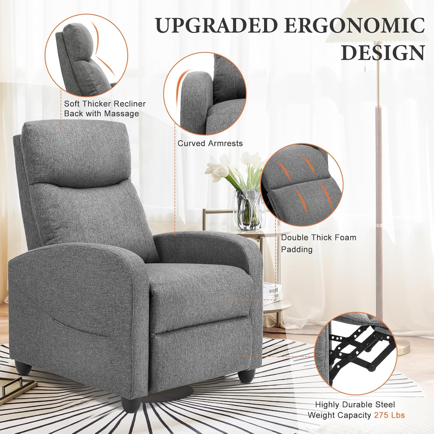 Sweetcrispy Massage Recliner Chair for Adults, Adjustable Home Theater Seating with Lumbar Support, Modern Small Recliners for Small Spaces, Dark Grey