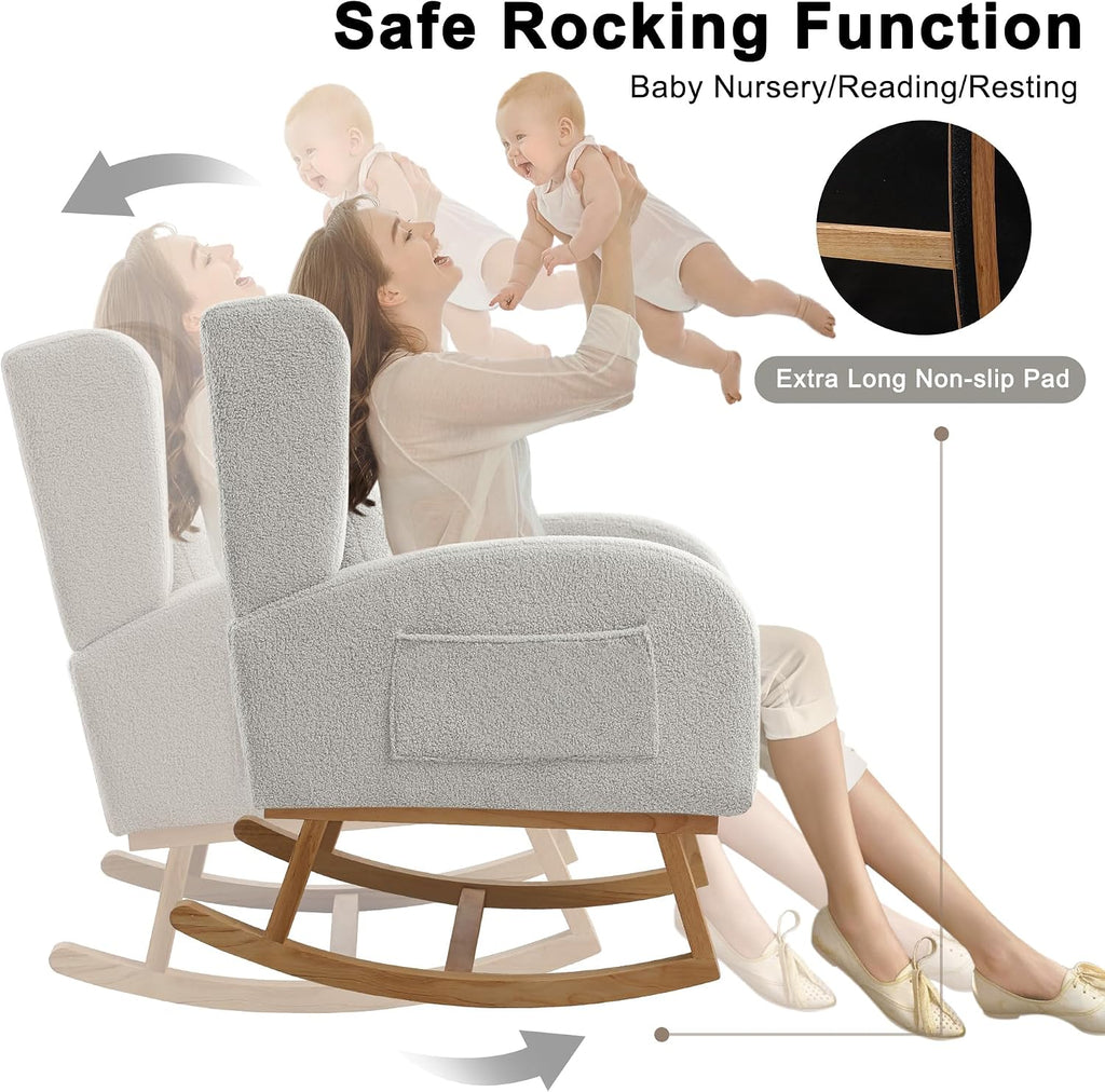 Nursery Rocking Chairs,Upholstered Rocking Chair Nursery for Mom Rocker with High Backrest and Solid Wood Legs,Modern Indoor Rocking Chair for Living Room Bedroom Adults (Teddy Light Grey)