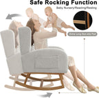 Nursery Rocking Chairs,Upholstered Rocking Chair Nursery for Mom Rocker with High Backrest and Solid Wood Legs,Modern Indoor Rocking Chair for Living Room Bedroom Adults (Teddy Light Grey)