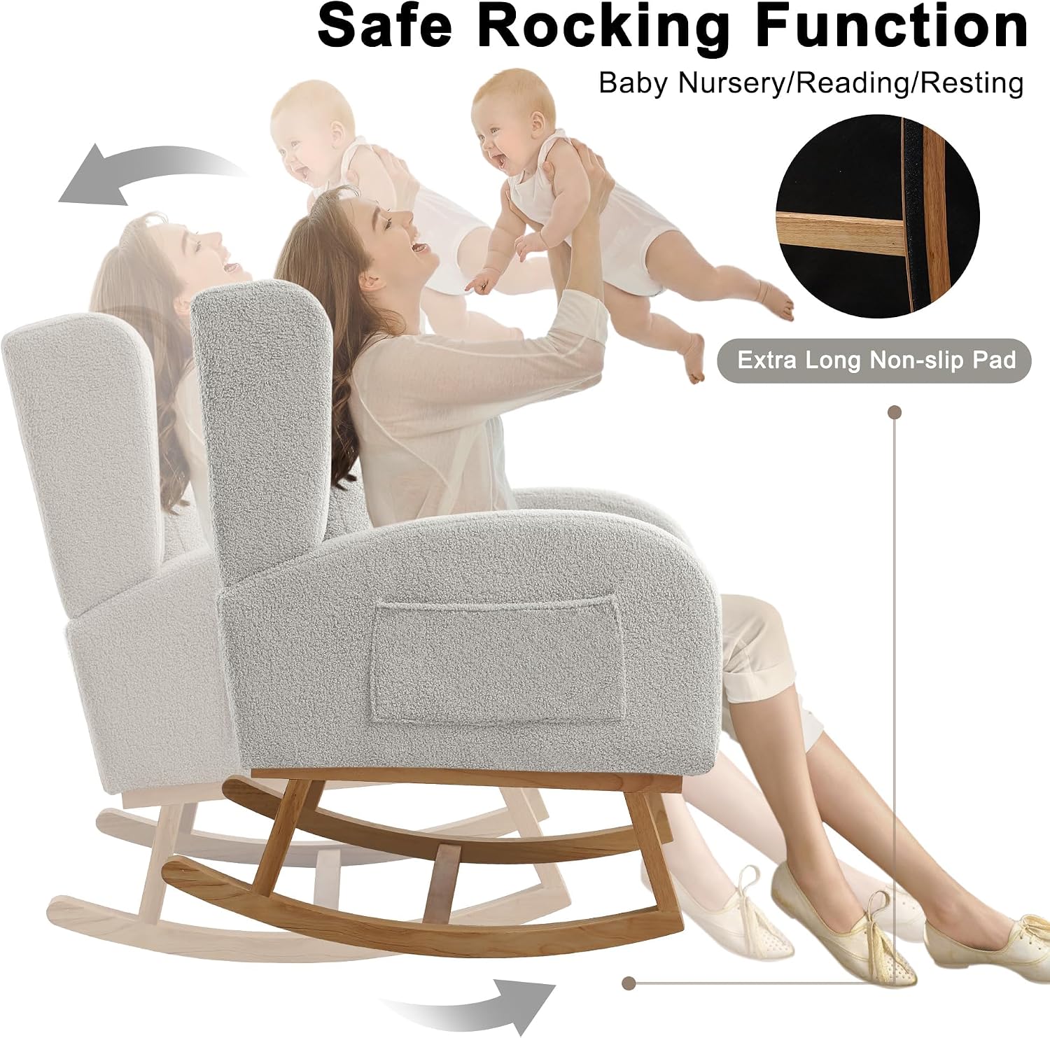Nursery Rocking Chairs,Upholstered Rocking Chair Nursery for Mom Rocker with High Backrest and Solid Wood Legs,Modern Indoor Rocking Chair for Living Room Bedroom Adults (Teddy Light Grey)