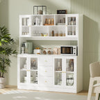 VOWNER Large Kitchen Hutch Cabinet, Kitchen Pantry Storage Cabinet with 6 Glass Doors, 3 Drawers & Microwave Shelf, Freestanding Cupboard for Open Storage (White)
