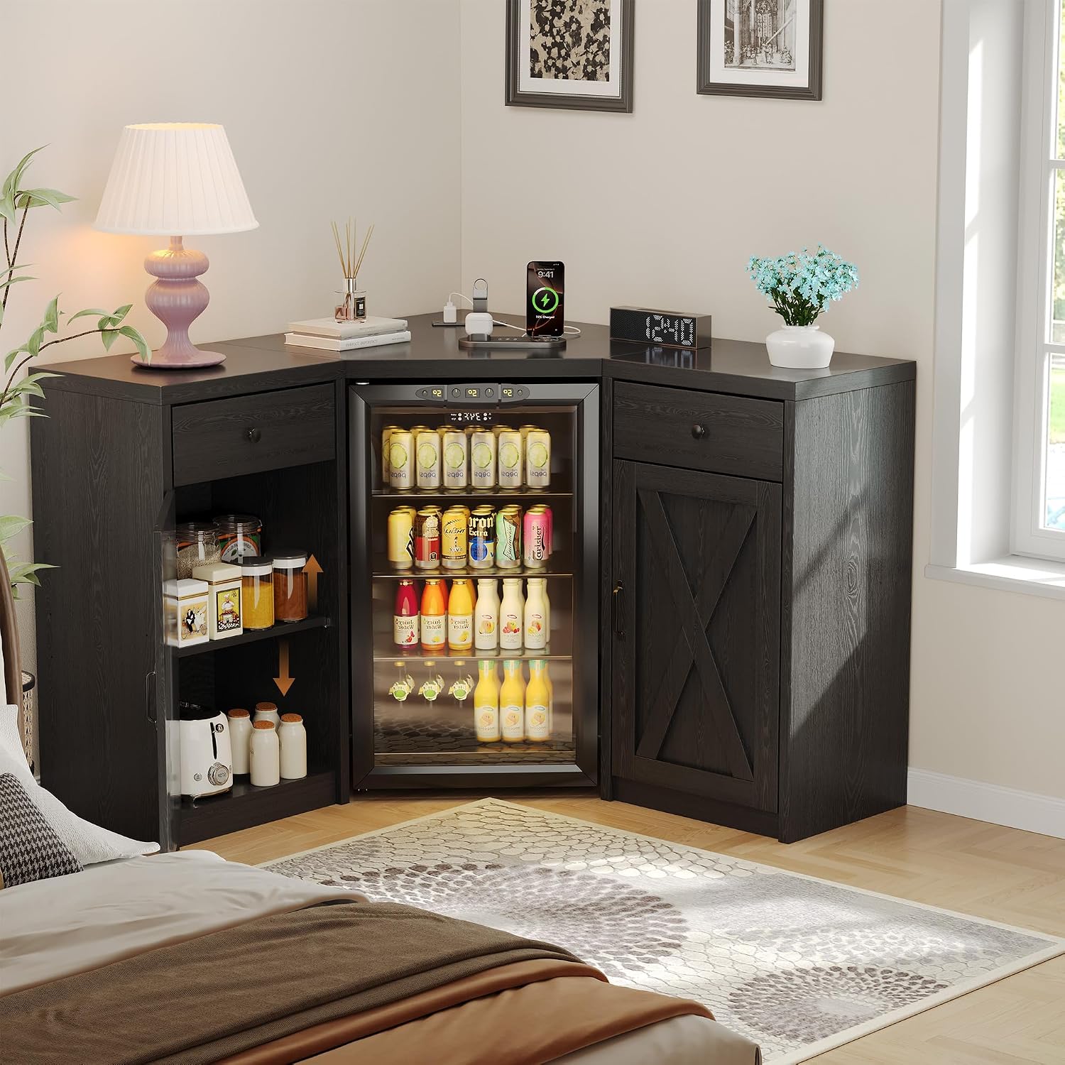 Coffee Bar Cabinet with Fridge Space, Corner Bar Cabinet with Fridge Space, L-Shaped Liquor Wine Cabinet for Home, Mini Fridge Cabinet with Storage for Dining Room, Living Room