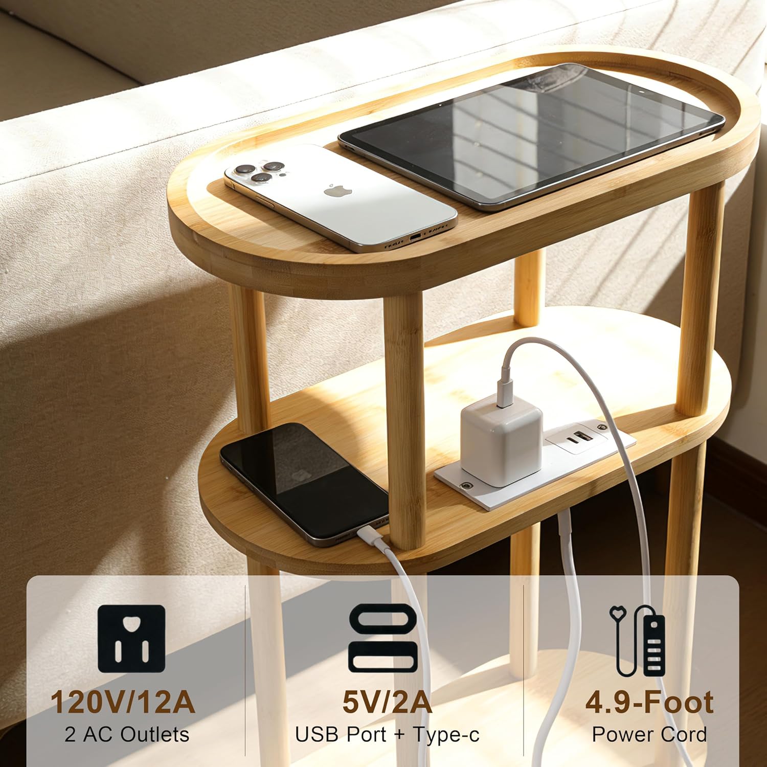 Side Table, Nightstand with Charging Station — Bamboo Narrow End Table with 3-Tier Oval Design & Storage Shelf for Bedroom, Living Room, Small Spaces, Portable, Natural (16"×8"×26")