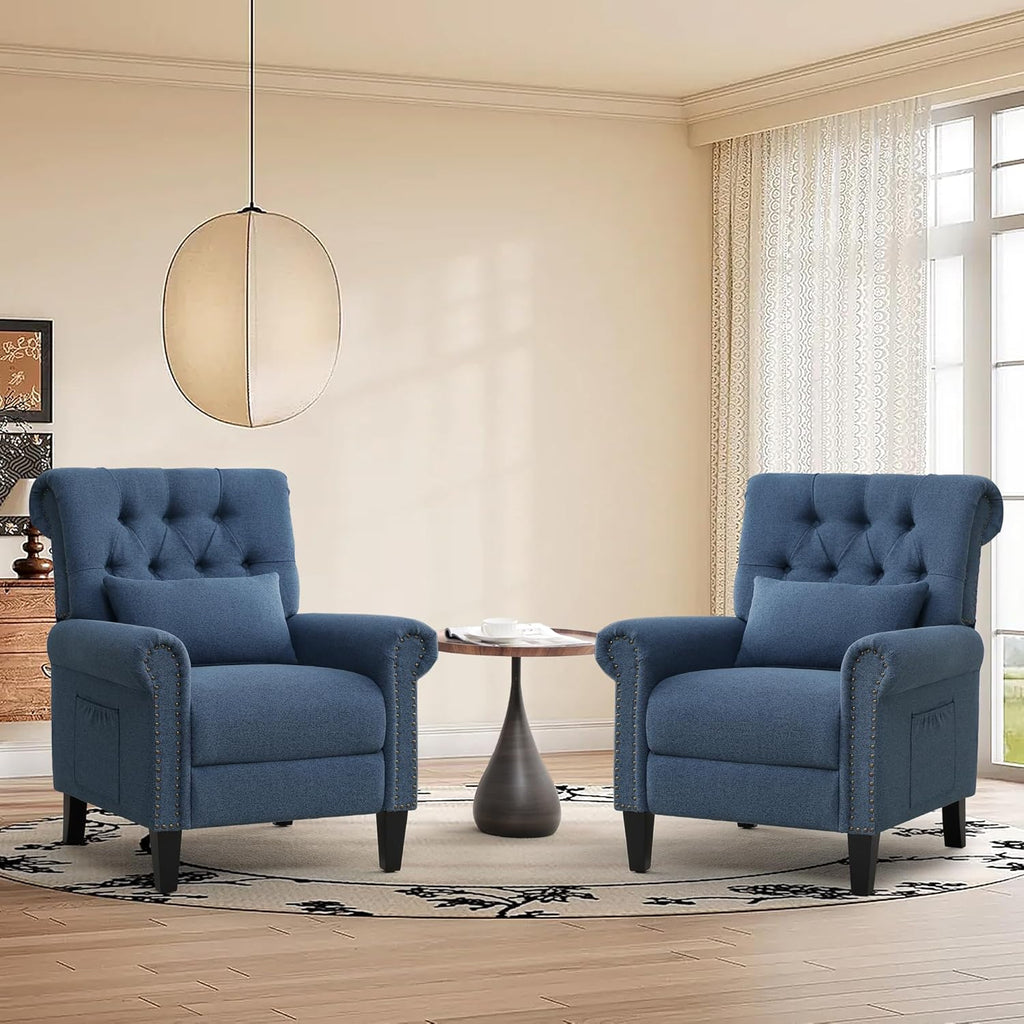 Pushback Recliner Chair, Accent Push Back Chair with Adjustable Footrest, Upholstered Linen Fabric Reclining Sofa with Side Pocket, Comfy Modern Armchair for Living Room, Navy Blue