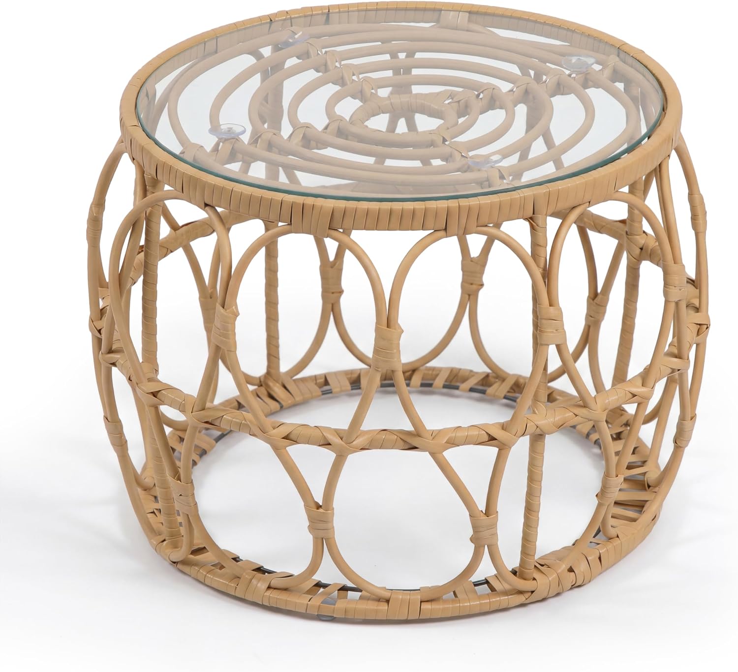 Furniture of America Ysar Boho Rattan Round Coffee Table Outdoor with 5mm Tempered Glass Top, All-Weather and Rust Resistant Patio Furniture