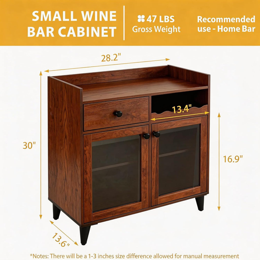 COCO DESIGN Small Wine Cabinet with Glass Doors, Liquor Bar Cabinet with Light for Alcohol, Buffet Coffee Sideboard with Adjustable Shelf for Kitchen, Walnut