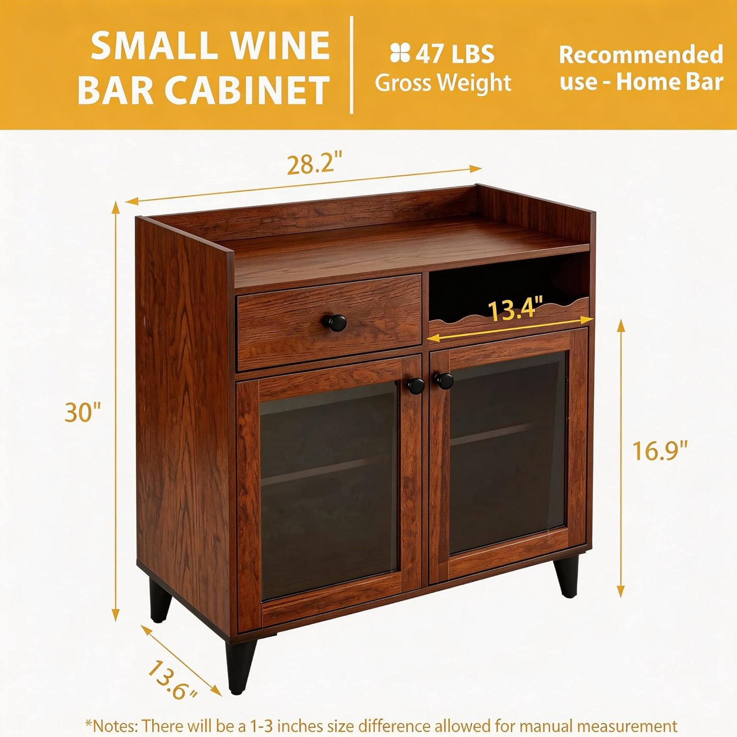 COCO DESIGN Small Wine Cabinet with Glass Doors, Liquor Bar Cabinet with Light for Alcohol, Buffet Coffee Sideboard with Adjustable Shelf for Kitchen, Walnut