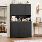 FACBOTALL 74" Pantry Cabinet, Tall Kitchen Pantry Cabinet with 6 Doors and 2 Drawers, Kitchen Hutch with Wide Countertop, Modern Kitchens Cupboard with Adjustable Shelves and Charge Holes, Black
