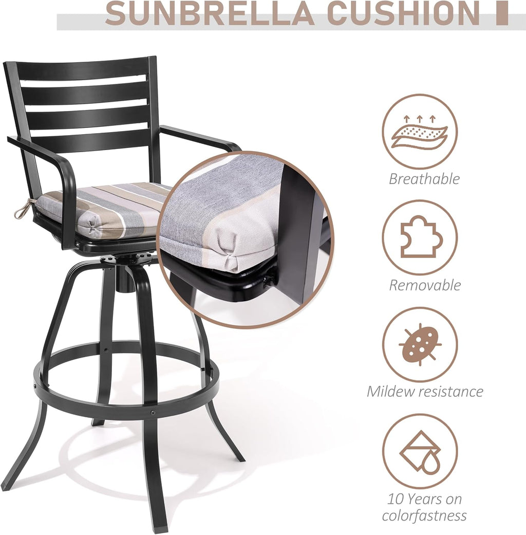 Pellebant Outdoor Bar Stools Set of 4 with Sunbrella Cushion, 29.5" Aluminum Swivel Bar Height Stool Chairs with Back & Footrest, Rust-Proof Patio Bartools for Deck Lawn Garden,Milano Char