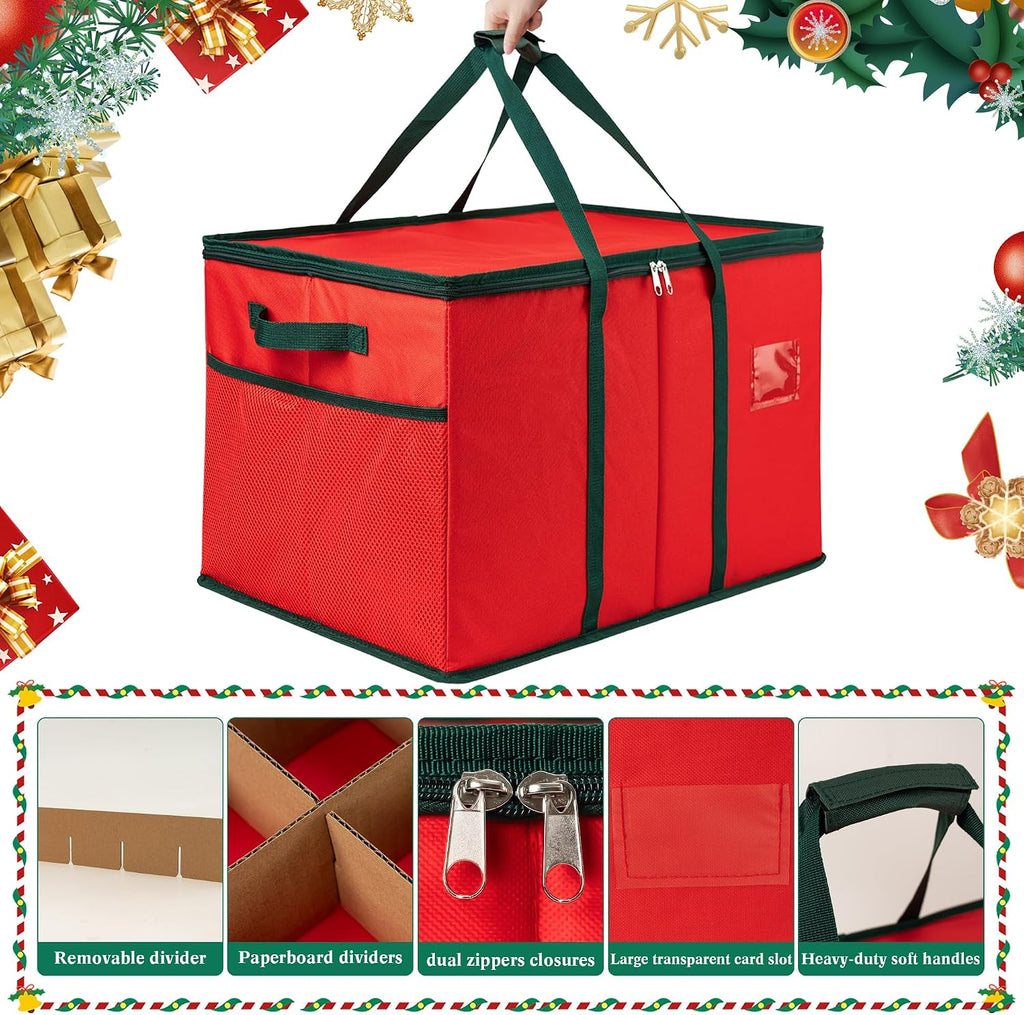 Christmas Ornament Storage Box, Xmas Decoration Organizer with 8 Tray, Christmas Storage Container with Dividers, Ornament organizer with Strong Handles for Holiday Decorations (Red)