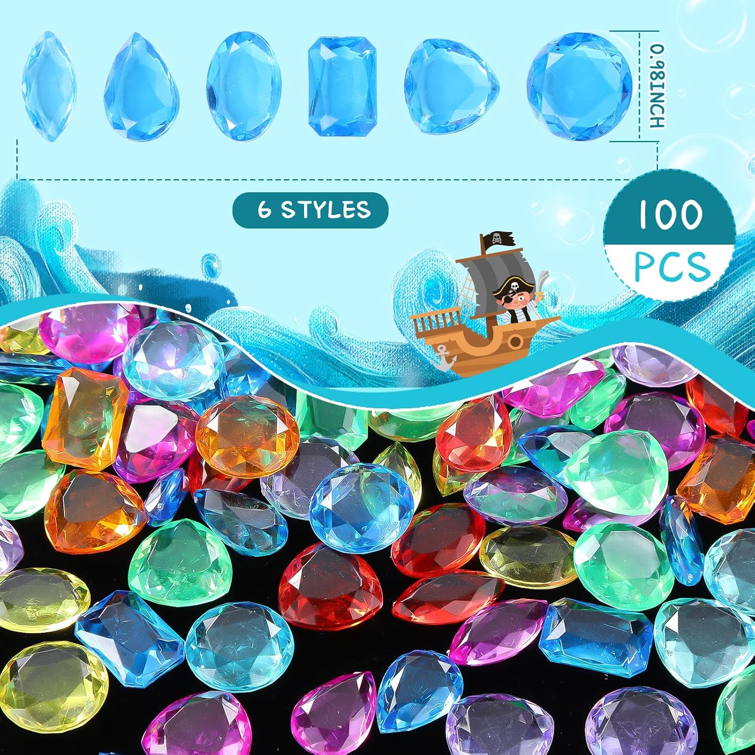 100 Pcs Toy Gems Pirate Treasure Jewels Bling Diamonds Jumbo Acrylic Large Fake Gems Vase Filler Multicolor Plastic Gemstones for Party Table Scatters Decorations Xmas Gift Filling Favors, 6 Styles