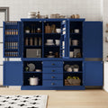 Merax 73''H Freestanding Wooden Kitchen Pantry Storage Cabinet, Organizers with 2 Upper & 2 Bottom Cabinets & 4 Drawers & 8 Adjustable Shelves, Anti-Tipping Device Cupboard for Dining Room, Blue