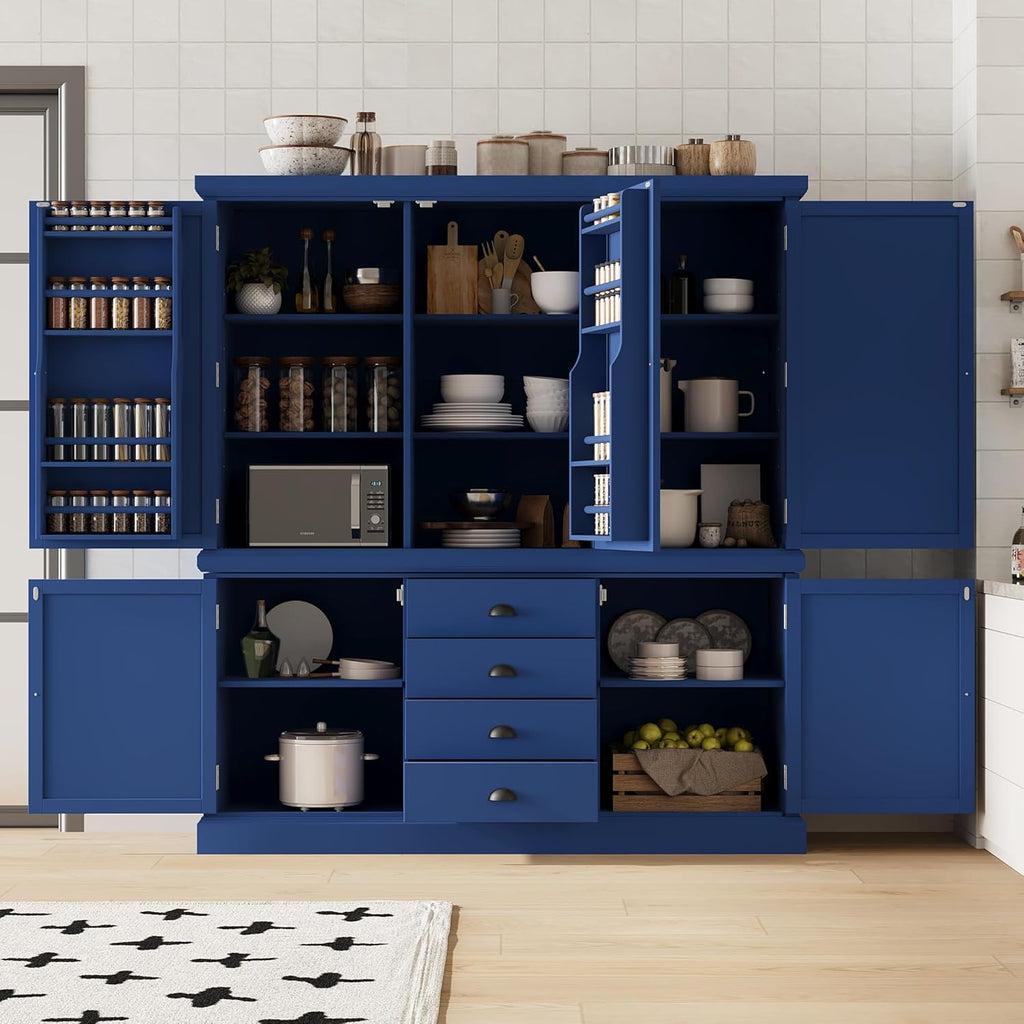 73" H Large Kitchen Pantry with Storage, Freestanding Wooden Cupboard with 4 Drawers,Cabinet Door Organizers and Adjustable Shelves for Kitchen, Dining Room, Blue