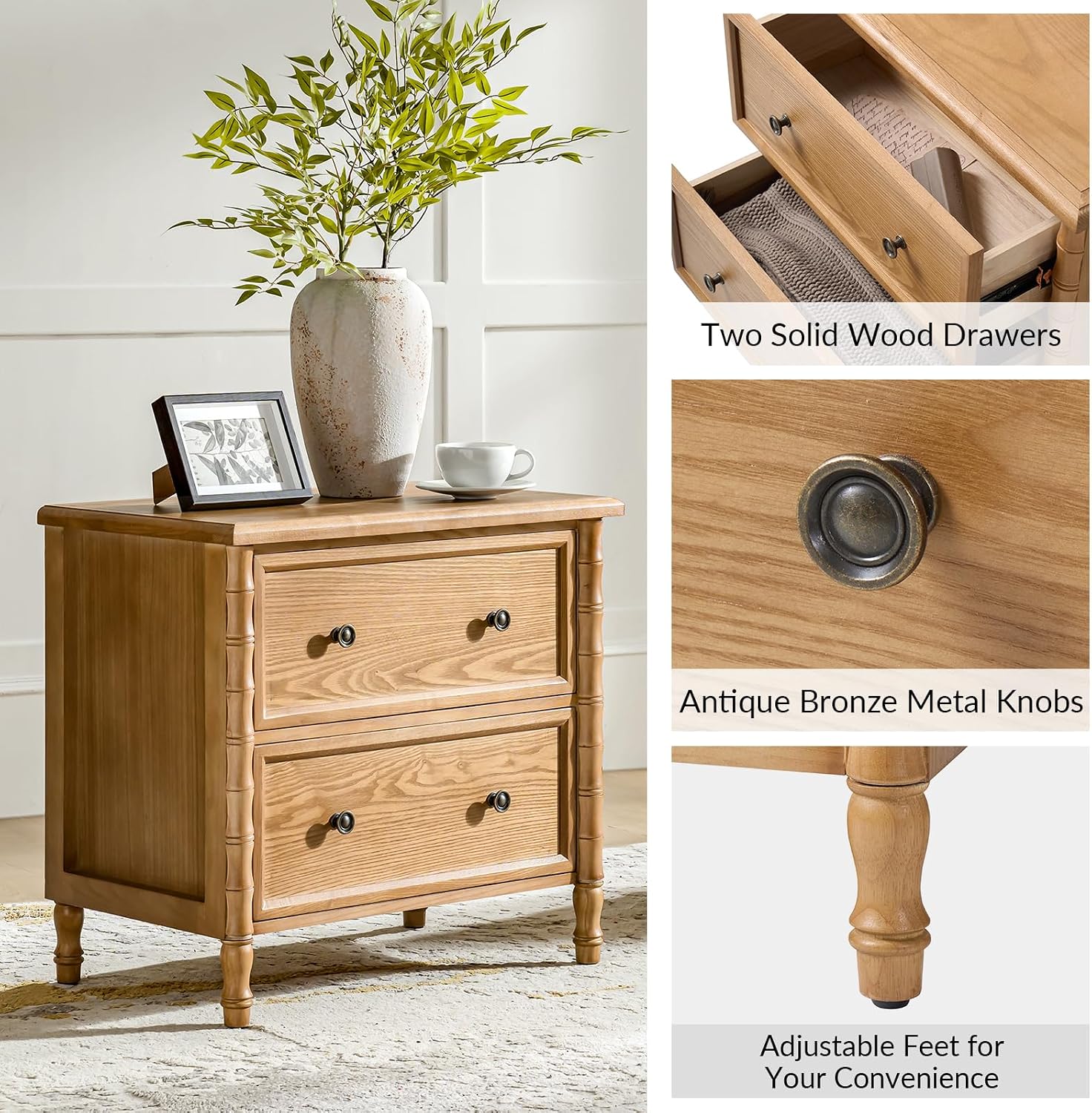 HULALA HOME 26" Solid Wood End Table with Spindle Legs, 2 Drawer Accent Table with Built-in Charging Station, Refined Transitional Style(Oak, Set of 2)