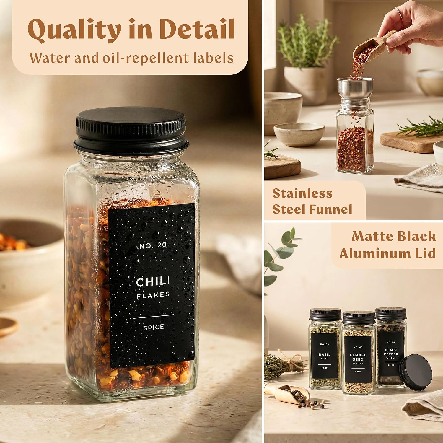 EDELHAUS Glass Spice Jars with Label and Black Aluminium Lids (24 x 4oz) Spice Containers with 240 Labels, Shaker Inserts, Steel Funnel, Empty Square Seasoning Organizer (Black Aluminium Lid)