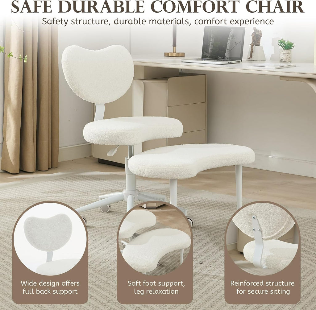 Ergonomic Cross Legged Office Chair with Wheels, Criss Cross Chair with Plus Cushion, 360° Swivel Meditation Chairs, ADHD Chairs with Height Adjustable Seat, Lumbar Back Support, Teddy Fabric, Ivory