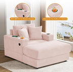 Oversized Chaise Lounge Chair Indoor with Adjustable Backrest, USB, Cup Holder & Ottoman, Firm Solid Wood Frame with Long Service Life Plush Corduroy Oversized Reading Chair for Study Room - Pink