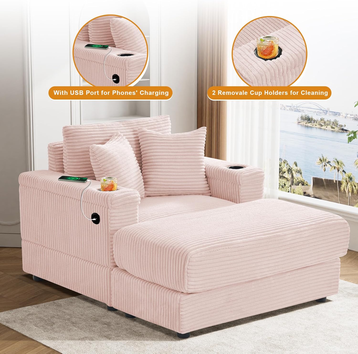 Oversized Chaise Lounge Chair Indoor with Adjustable Backrest, USB, Cup Holder & Ottoman, Firm Solid Wood Frame with Long Service Life Plush Corduroy Oversized Reading Chair for Study Room - Pink