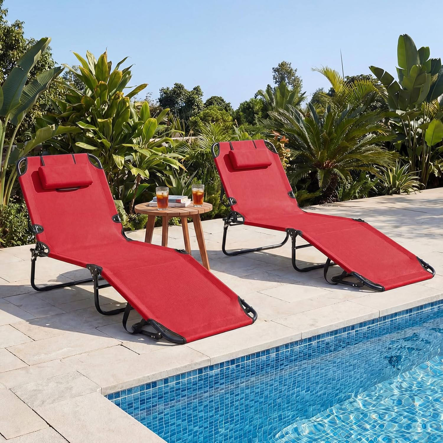 GYMAX Tanning Chair, 330lbs Beach Lounge Chair with Face Hole, Detachable Washable Pillow & Carry Strap, Adjustable Folding Chaise Lounge, Layout Chair for Outside, Patio, Poolside, Lawn (1, Red)