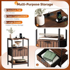 Bonnlo Fluted Nightstand Set of 2, End Table with Fabric Drawer with Charging Station, Night Stand with Storage Shelf & Handle, Fluted Side Table for Bedroom/Living Room,Walunt