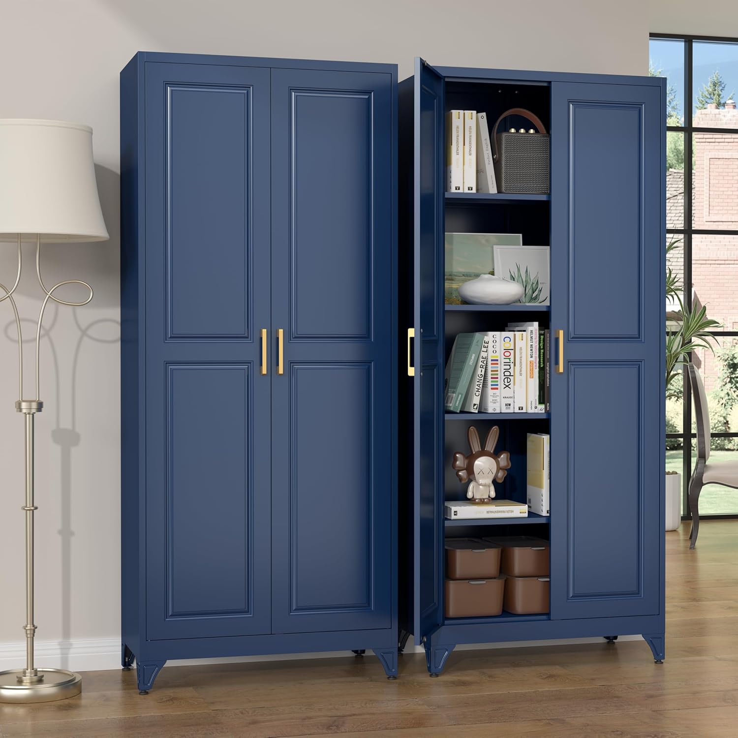SteeLoong Kitchen Pantry Cabinet,75”Blue Metal Storage Cabinets with Doors and 4 Adjustable Shelves,Kitchen Cabinet with 2 Gold Handles,Tall Cabinet for Livingroom,Pantry, Bathroom