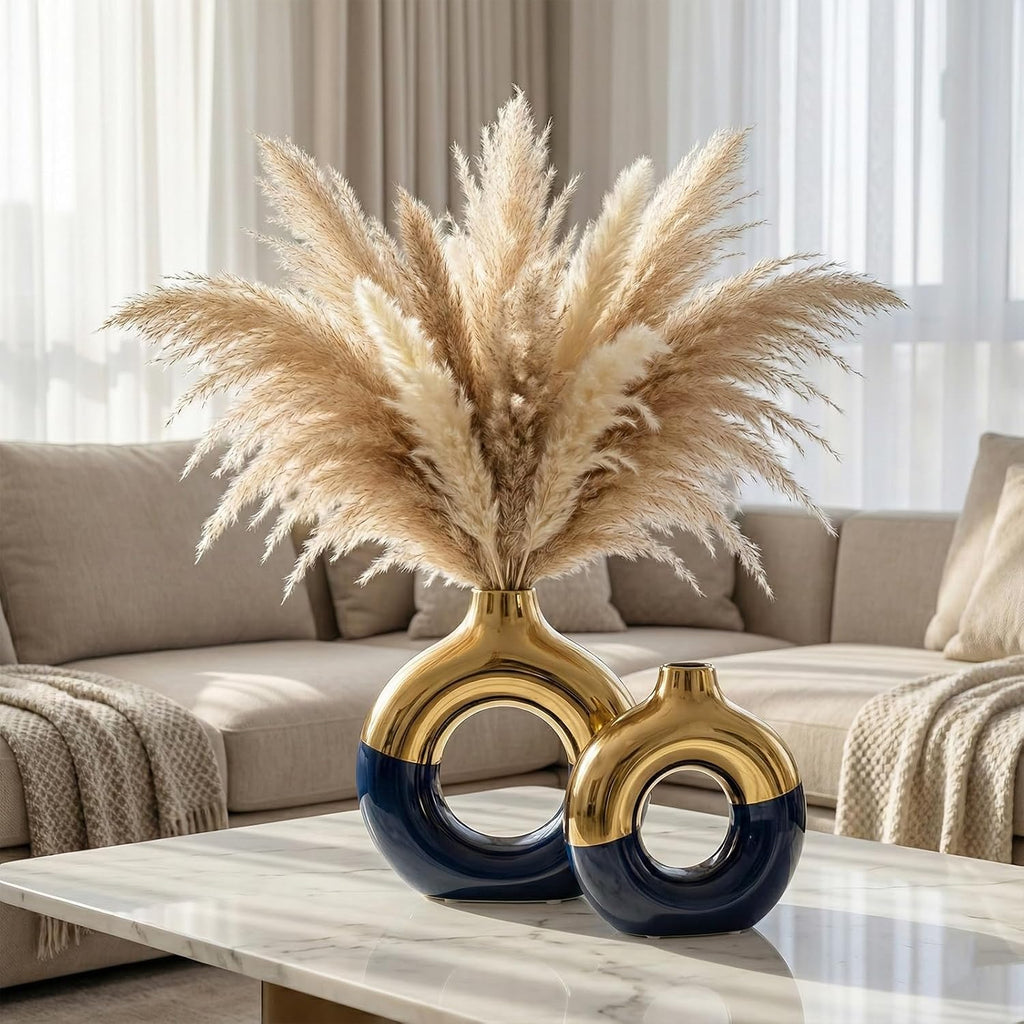 Blue and Gold Vase Decor Donut Vase Set of 2 - Circle Hollow Vases, Modern Matte Ceramic Vases for Entryway Living Room Bedroom Dining Table Centerpiece Office Home Decor